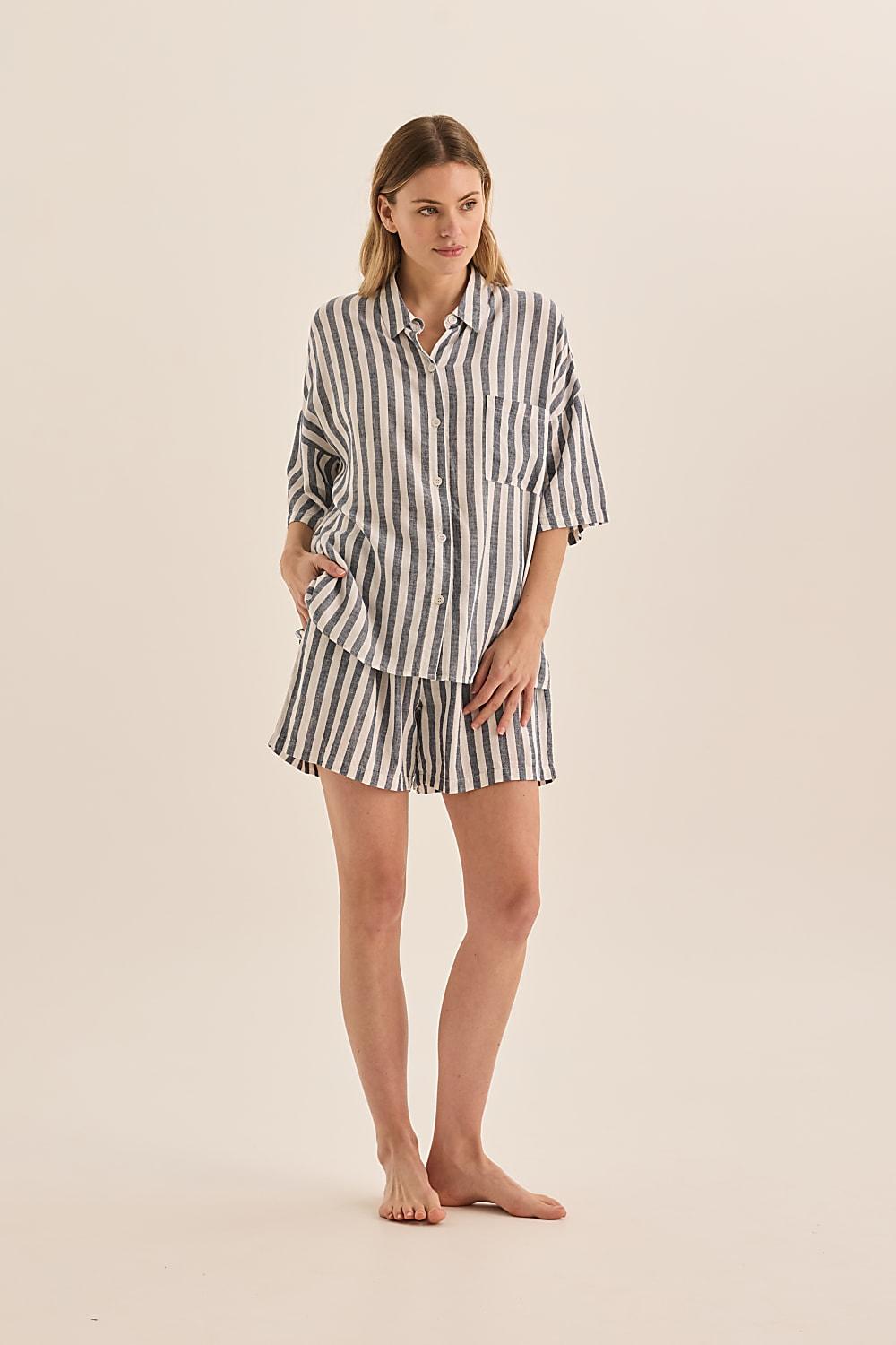 Evie Navy Stripe Linen Short Set