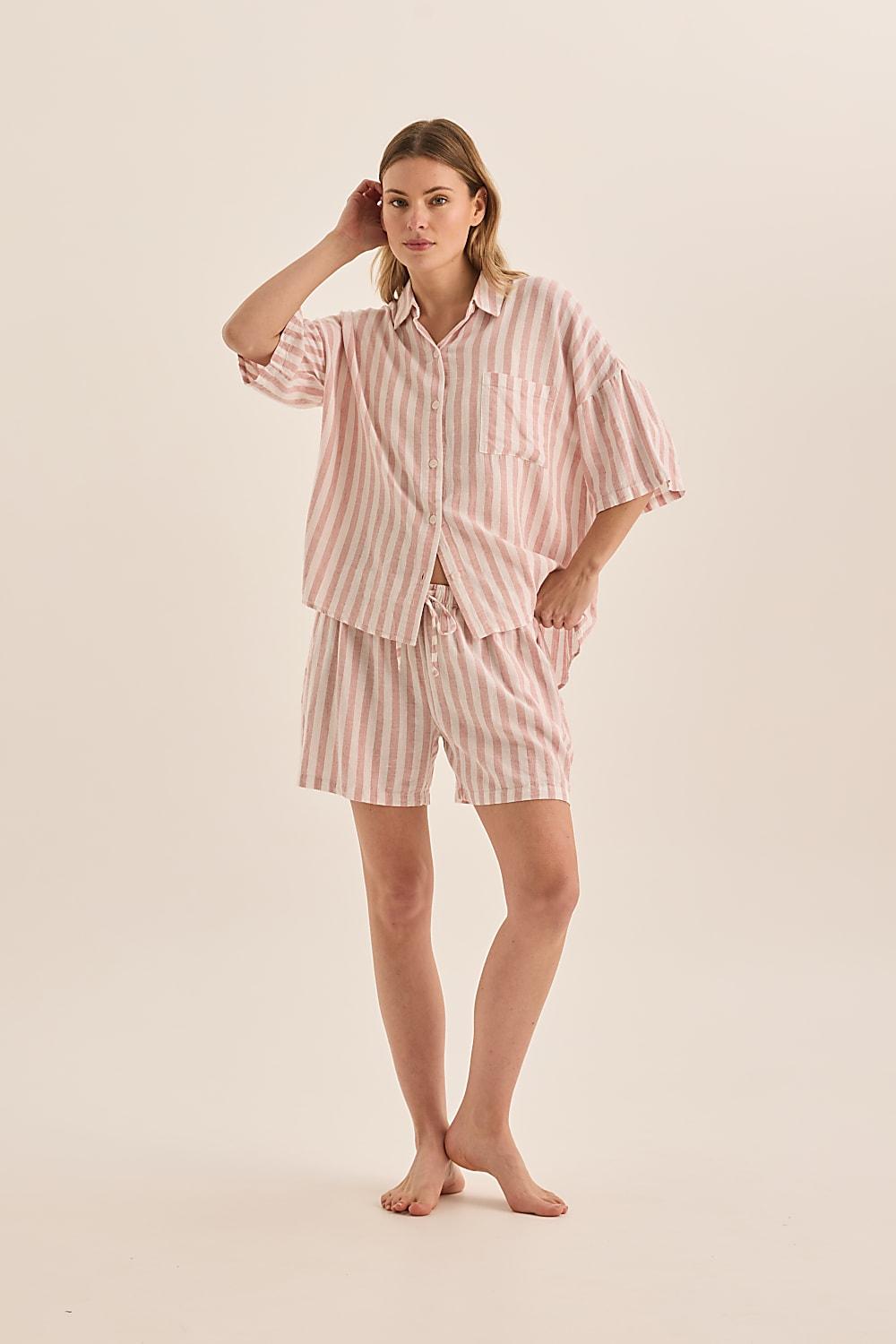Evie Pink Stripe Linen Short Set