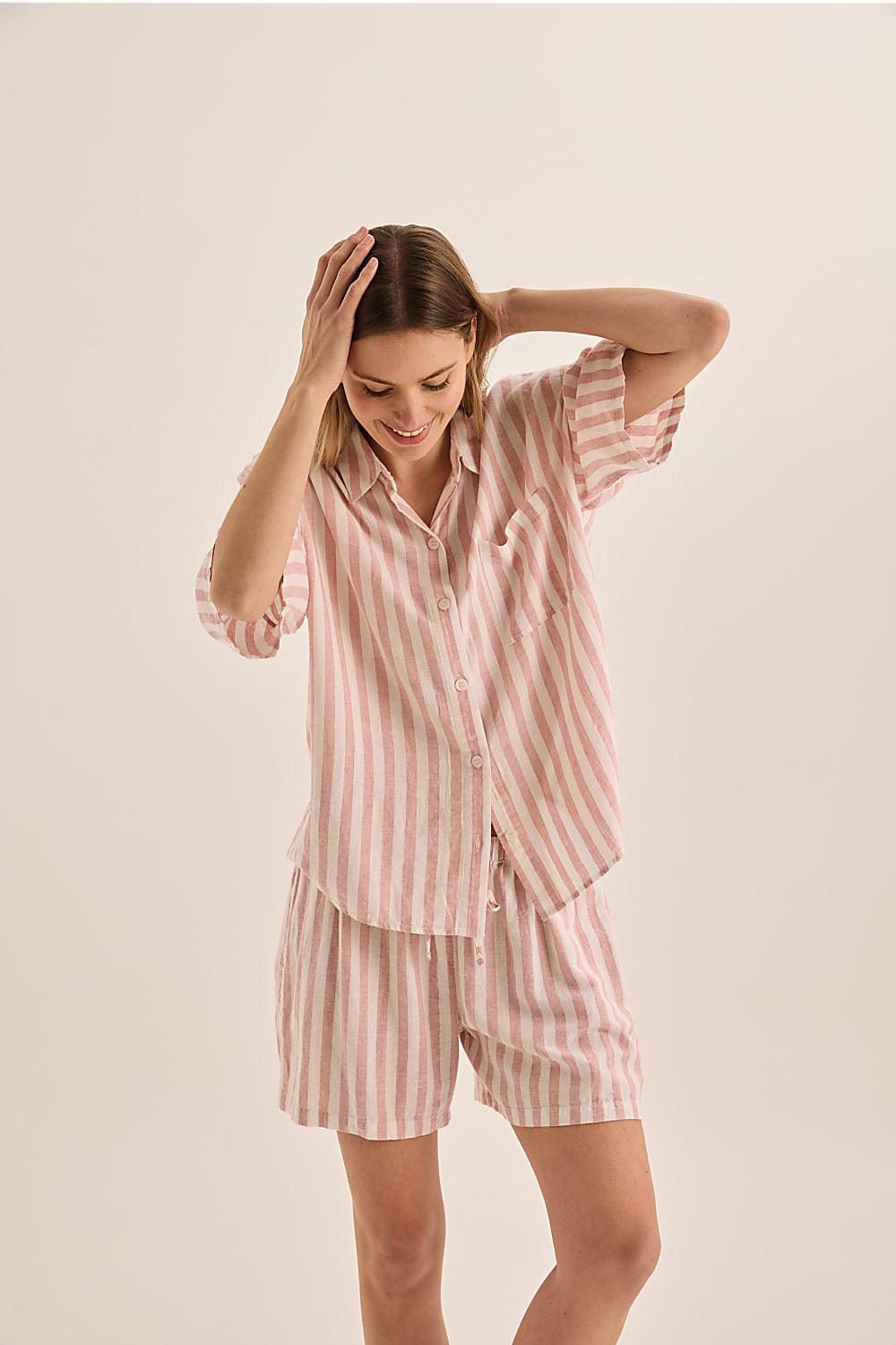 Evie Pink Stripe Linen Short Set