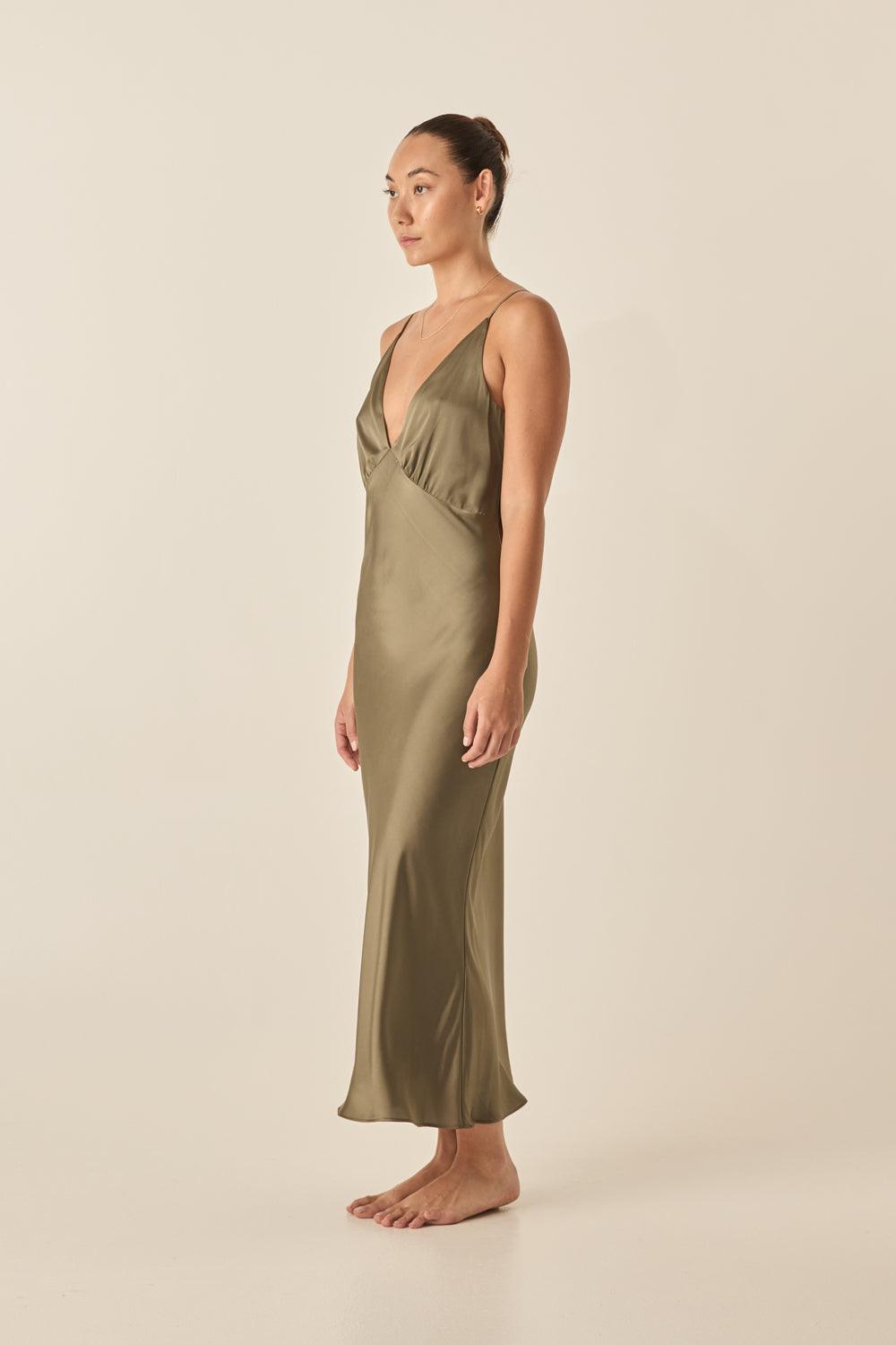 Fern Olive Silky Satin Long Chemise