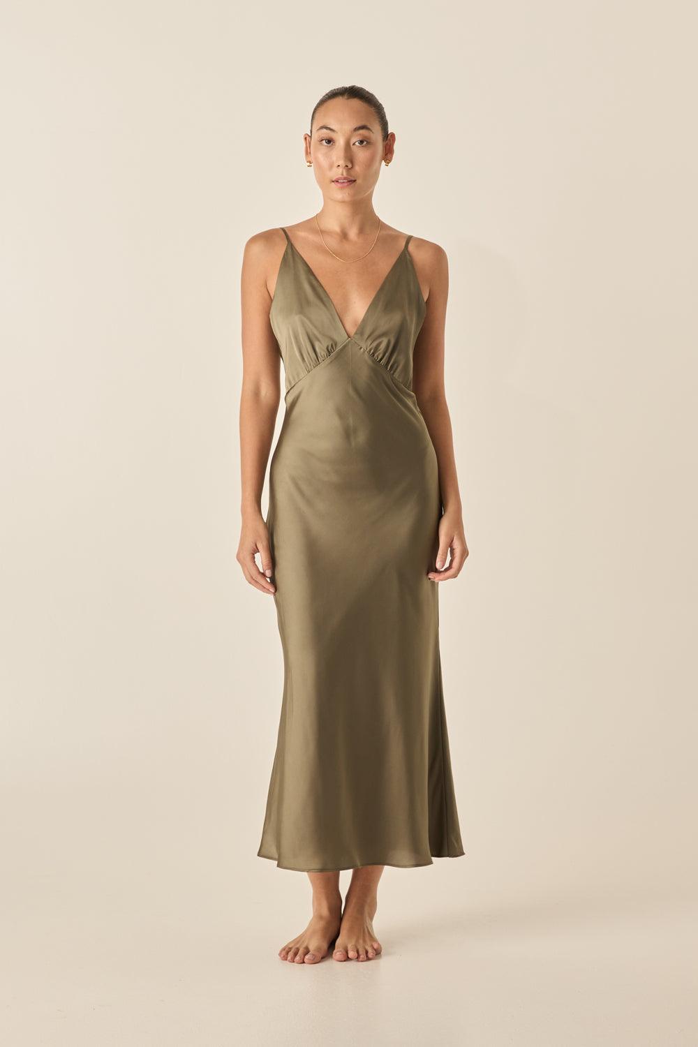 Fern Olive Silky Satin Long Chemise