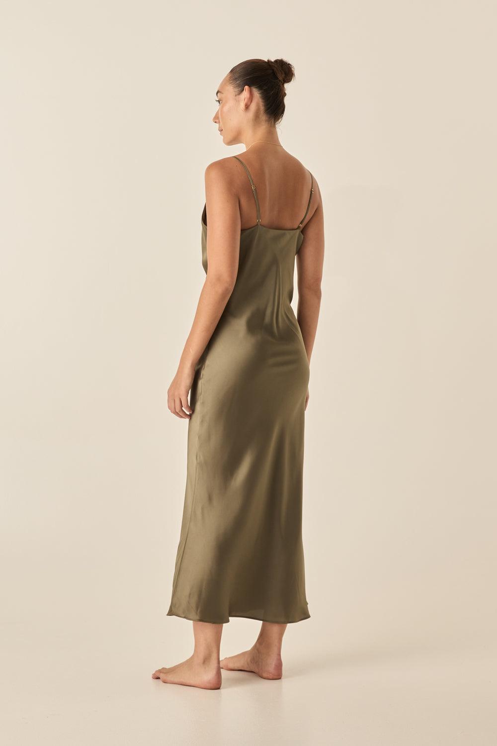 Fern Olive Silky Satin Long Chemise