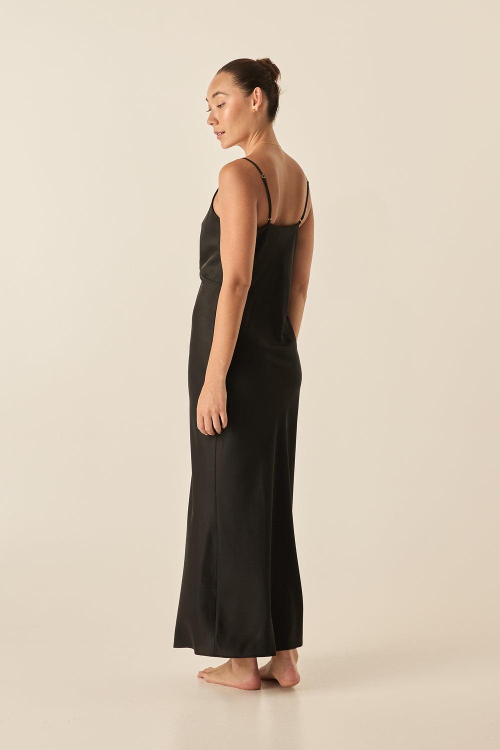 Ilona Black Silky Satin Long Chemise