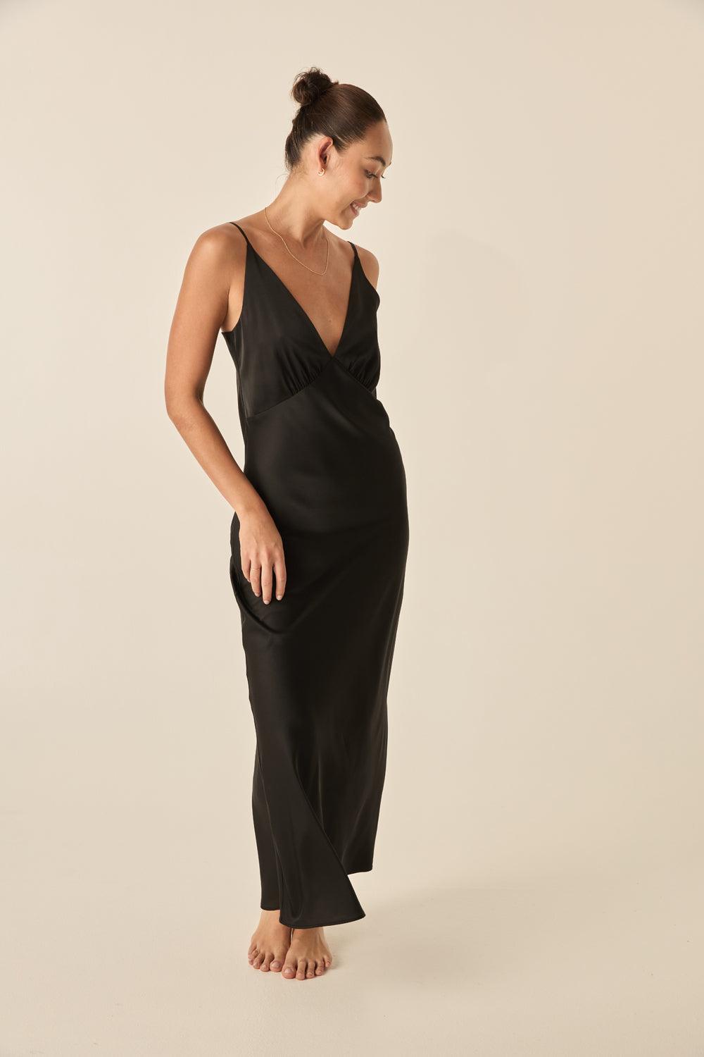 Ilona Black Silky Satin Long Chemise