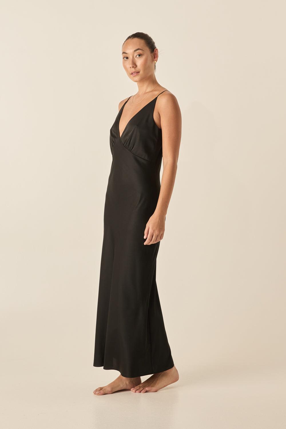 Ilona Black Silky Satin Long Chemise