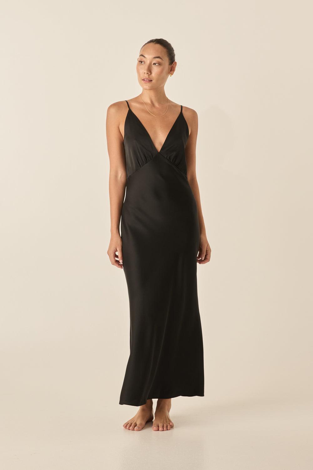 Ilona Black Silky Satin Long Chemise