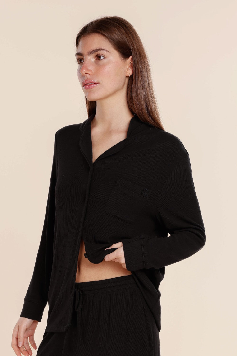 London Ribbed Long Sleeve Button Up Top