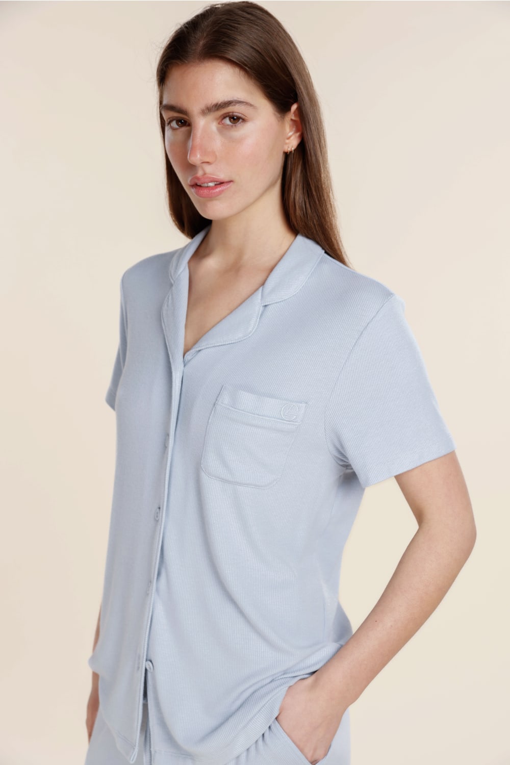 Lyon Ribbed Short Sleeve Button Up Top