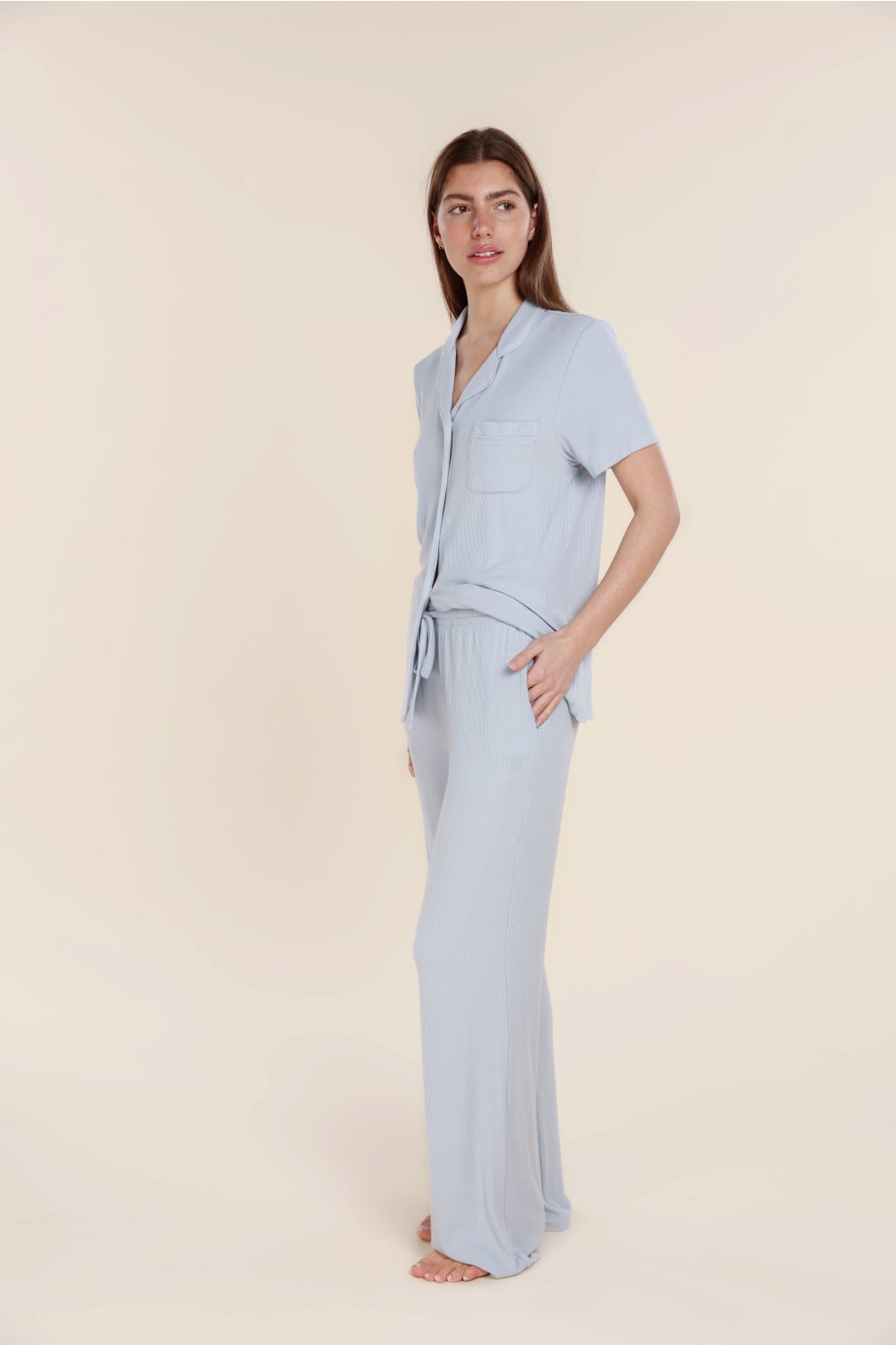 Lyon Ribbed Short Sleeve Button Up Top