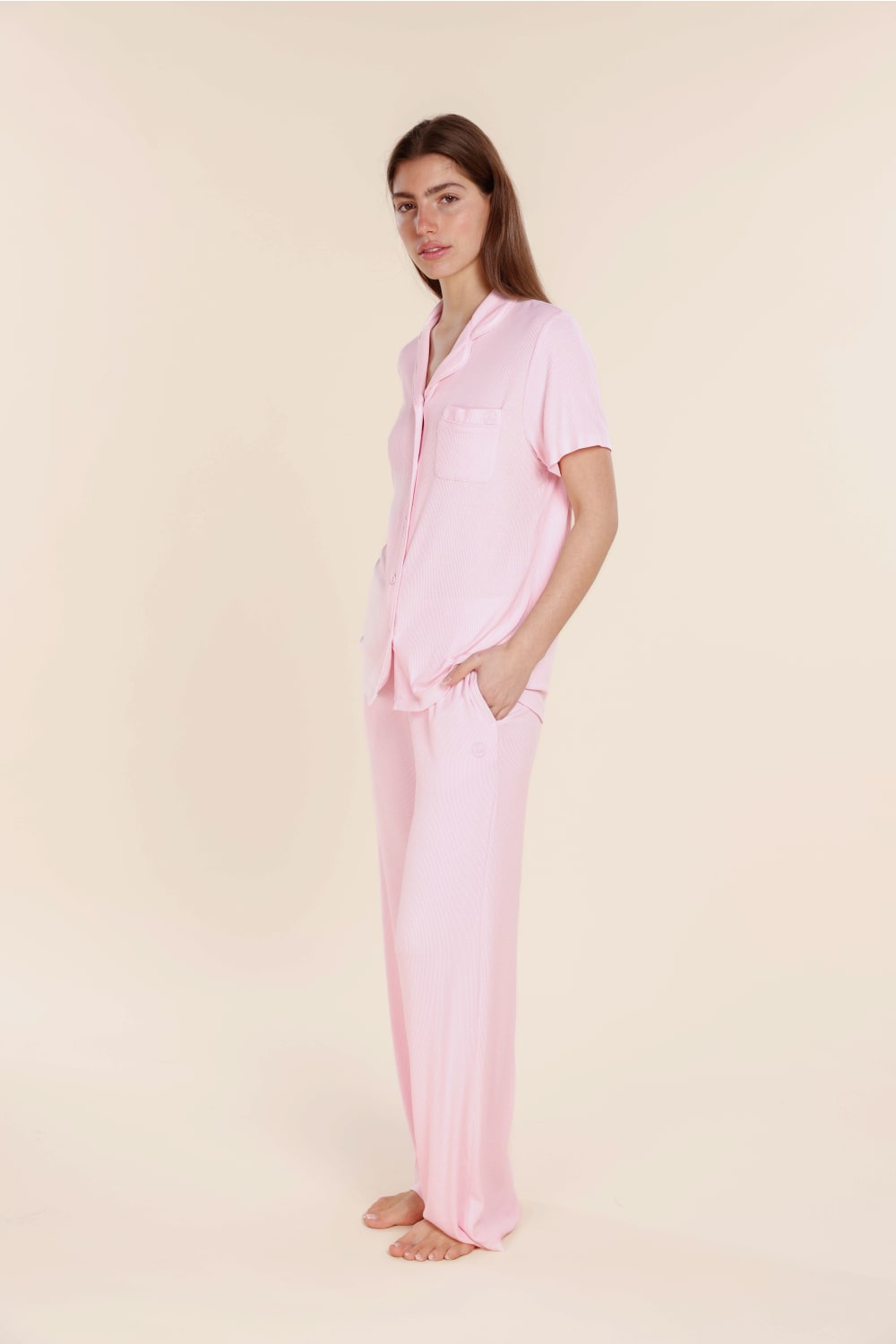 Lyon Ribbed Short Sleeve Button Up Top